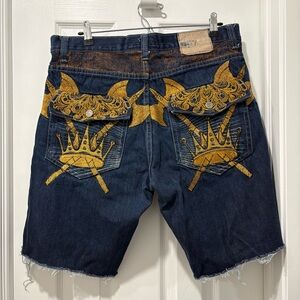 Y2K Men's Denim Jean Shorts with Gold Embroidery Size 34 Red Ape